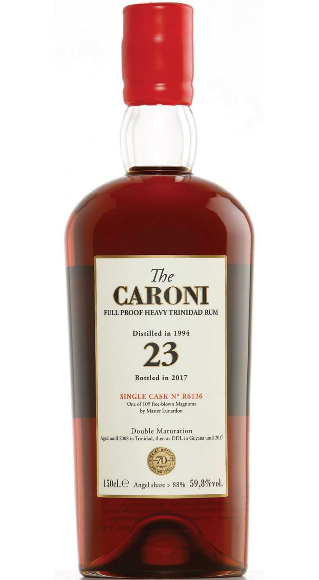 VELIER THE CARONI 1994 SC HEAVY FULL PROOF TRINIDAD RUM 23 Y.O. MAGNUM (RED SEALE) GUYANA STOCK