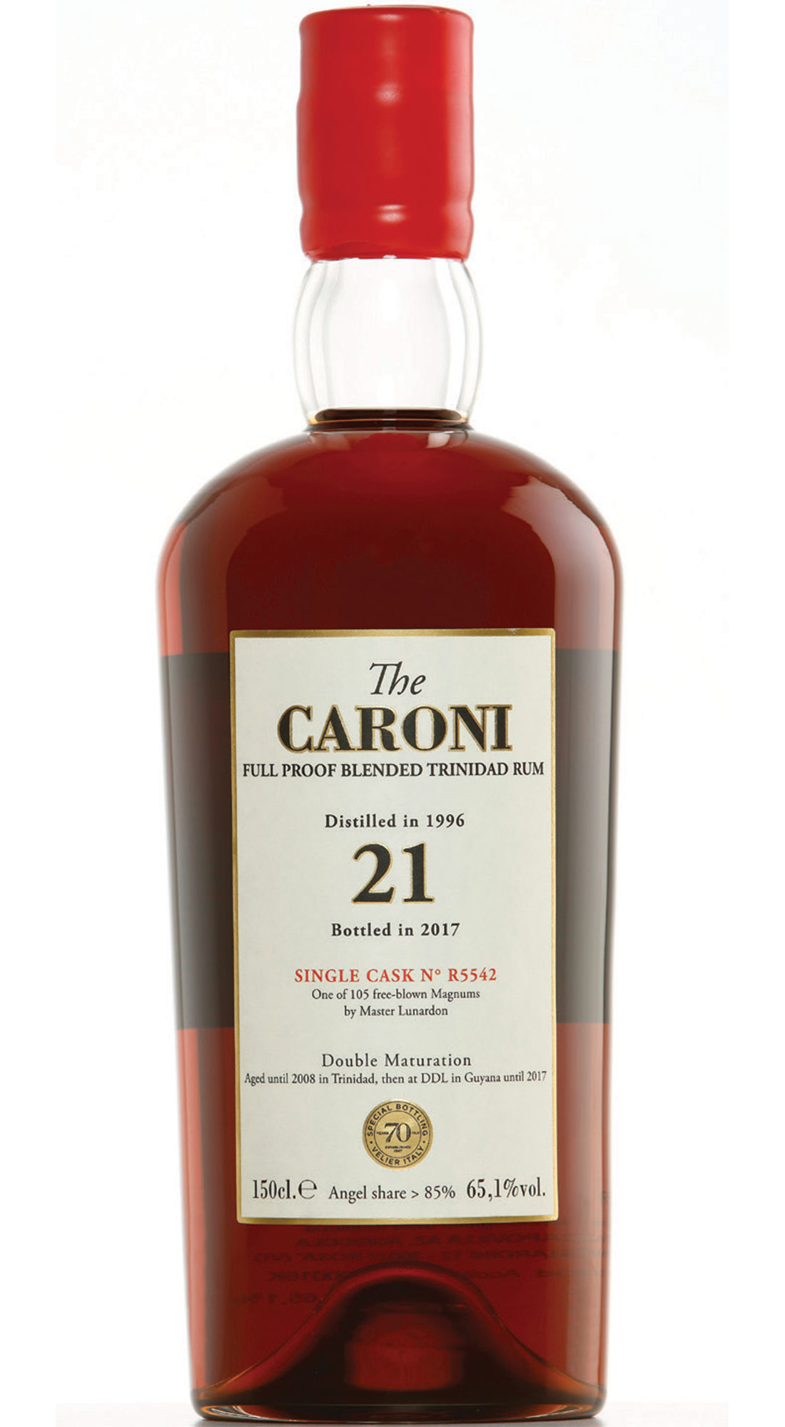 VELIER THE CARONI 1996 SC BLENDED FULL PROOF TRINIDAD RUM 21 Y.O. MAGNUM (BLUE SEAL) GUYANA STOCK